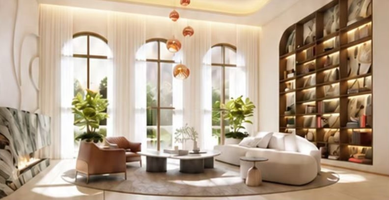 A lounge visualization with arched windows, built-in bookshelves and a marble fireplace