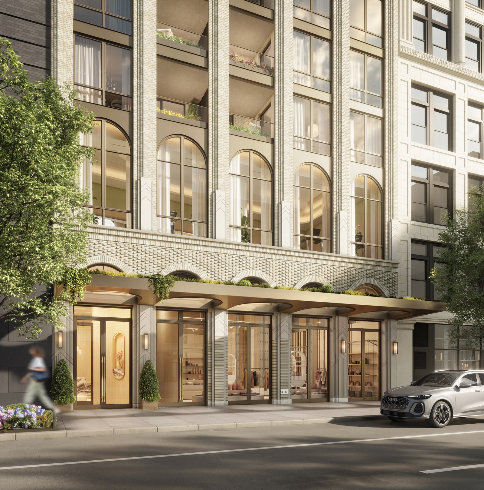 The planted canopy and arched windows at Loggia NoMad's Sixth Avenue entrance