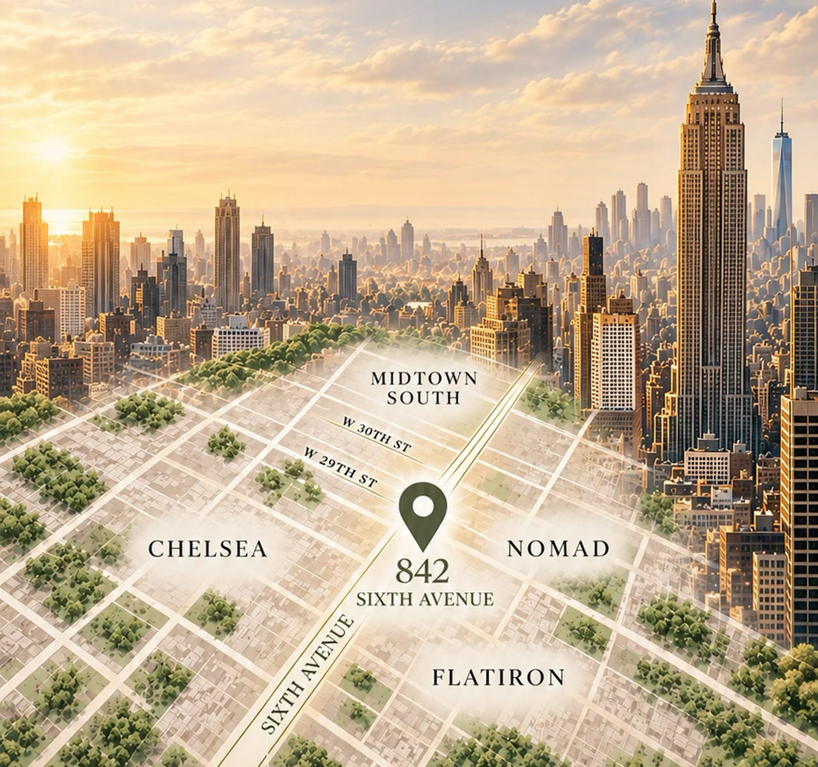 Illustrated project map marking 842 Sixth Avenue, with Chelsea, NoMad, Flatiron and Midtown South labelled